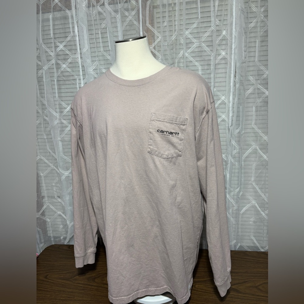 Carhartt Men's Long Sleeve Tee tan 28”p2p 35”L Carhartt EST 1889 pocket & back